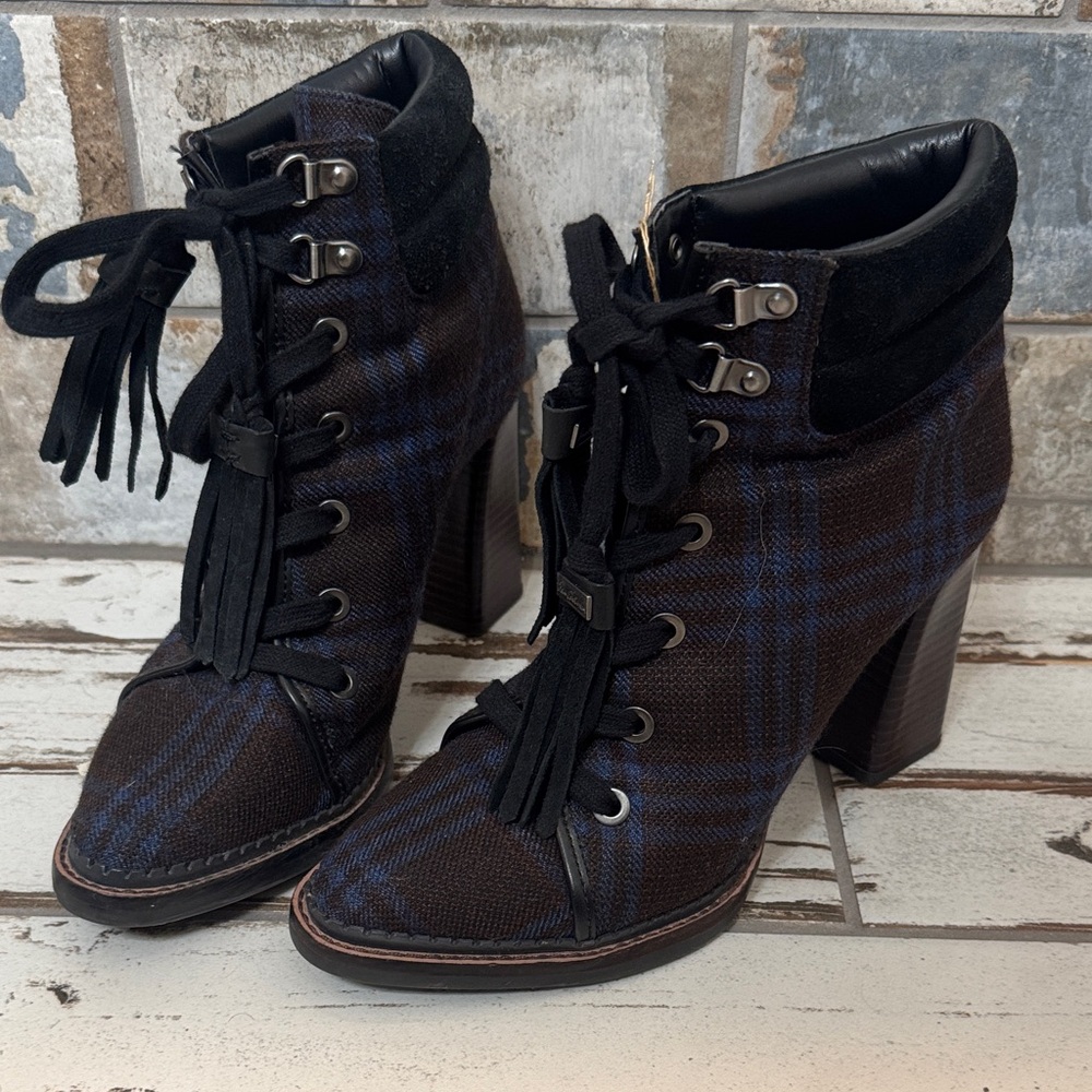Sam Edelman Black and Blue Plaid Heeled Boots